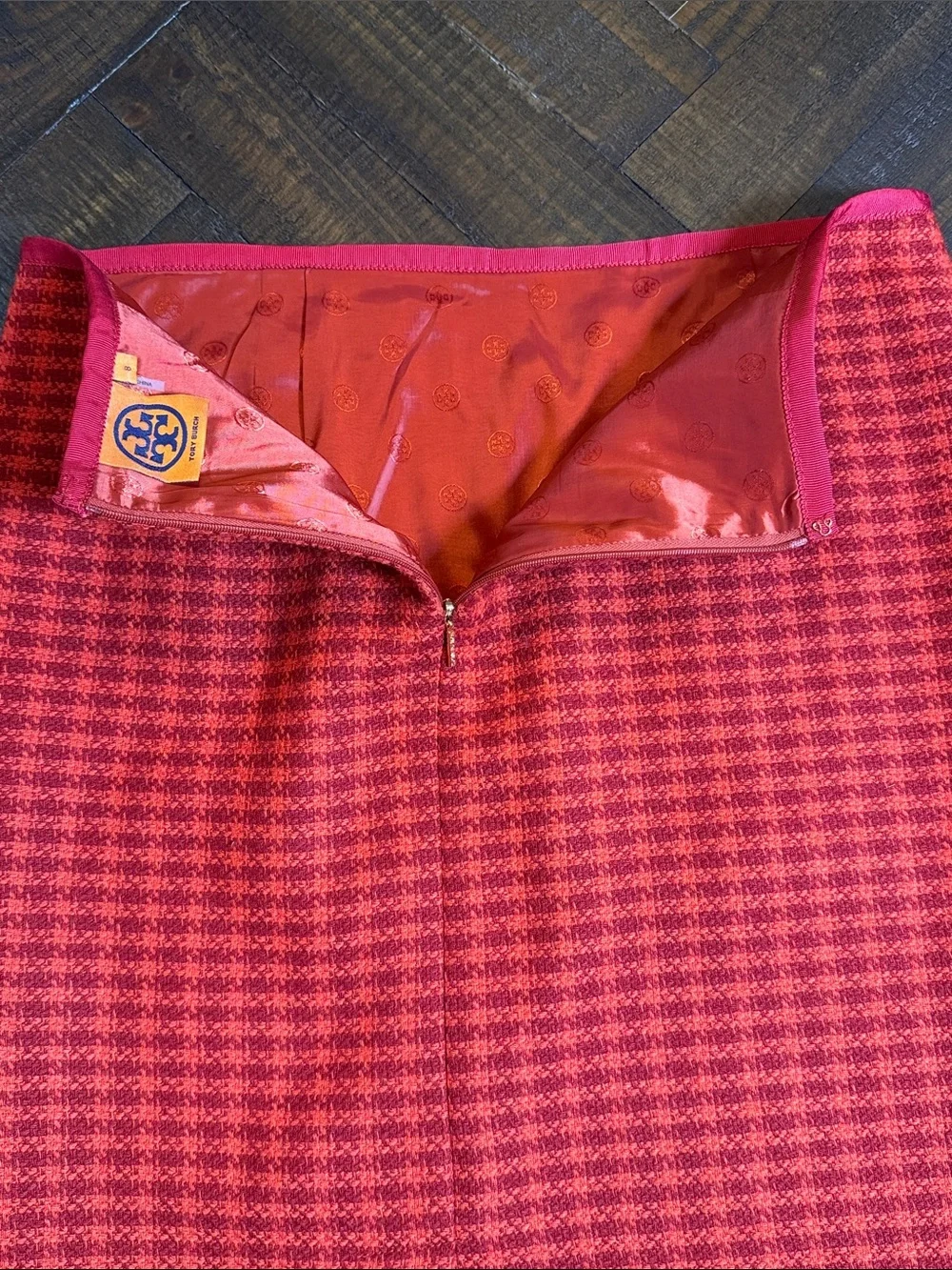 Tory Burch Red Houndstooth Wool Blend Pencil Skirt Size 8